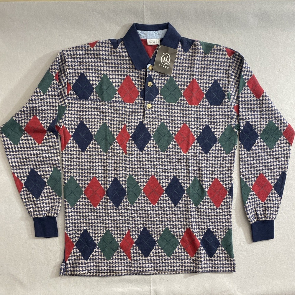 Vakko Polo Shirt Men's L Long Sleeve Cotton Argyle Houndstooth Multicolor NWT